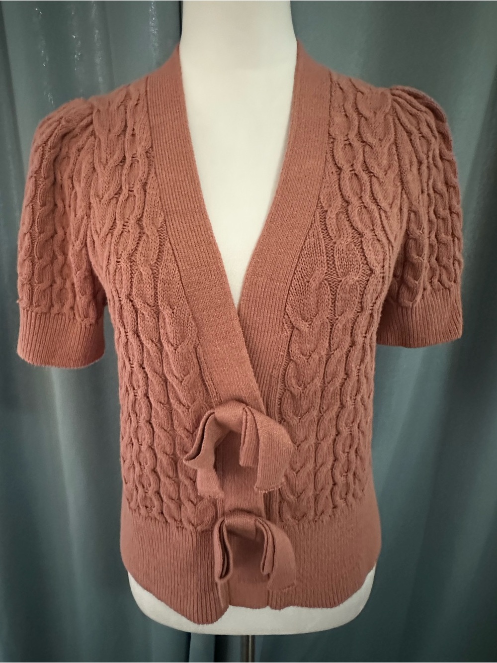 Express Women’s M Cable Knit Cardigan Sweater Tie Front Puff Sleeve Brown NWT
